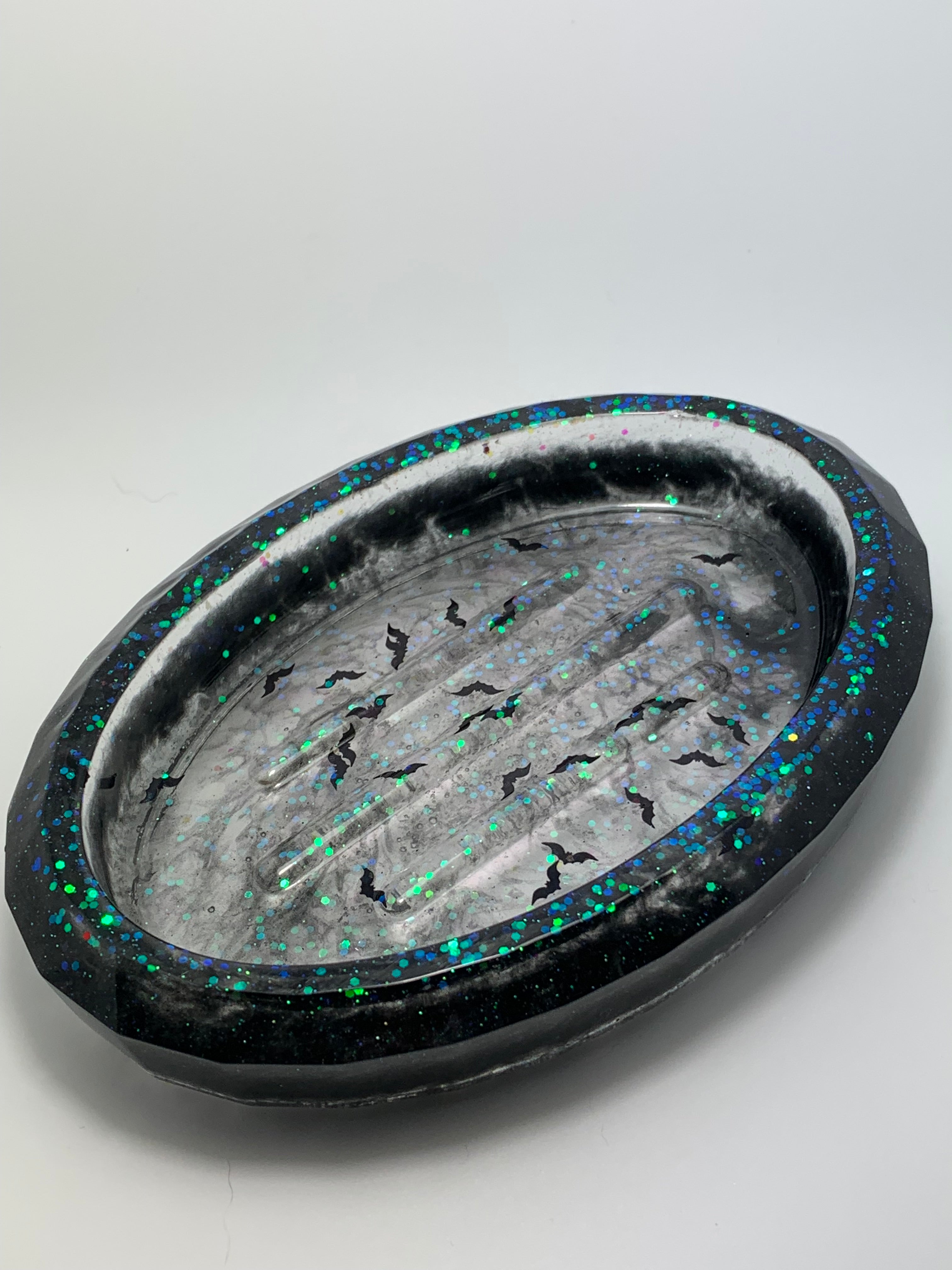 Soap Dish or Trinket Dish - Smokey Swirls with Bats and Holographic Glitter
