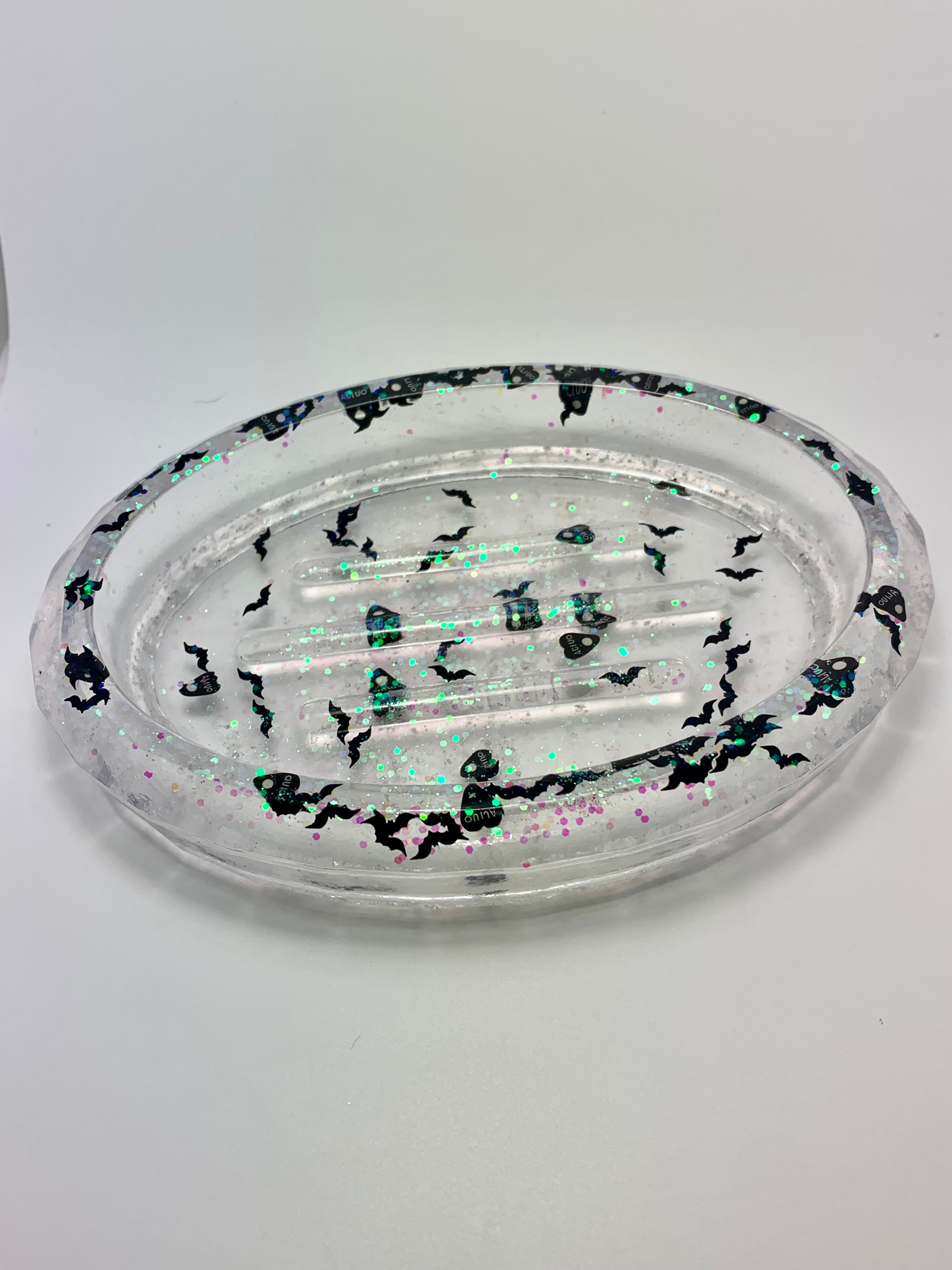 Soap dish or Trinket dish - clear with swirling bats and ouija planchettes