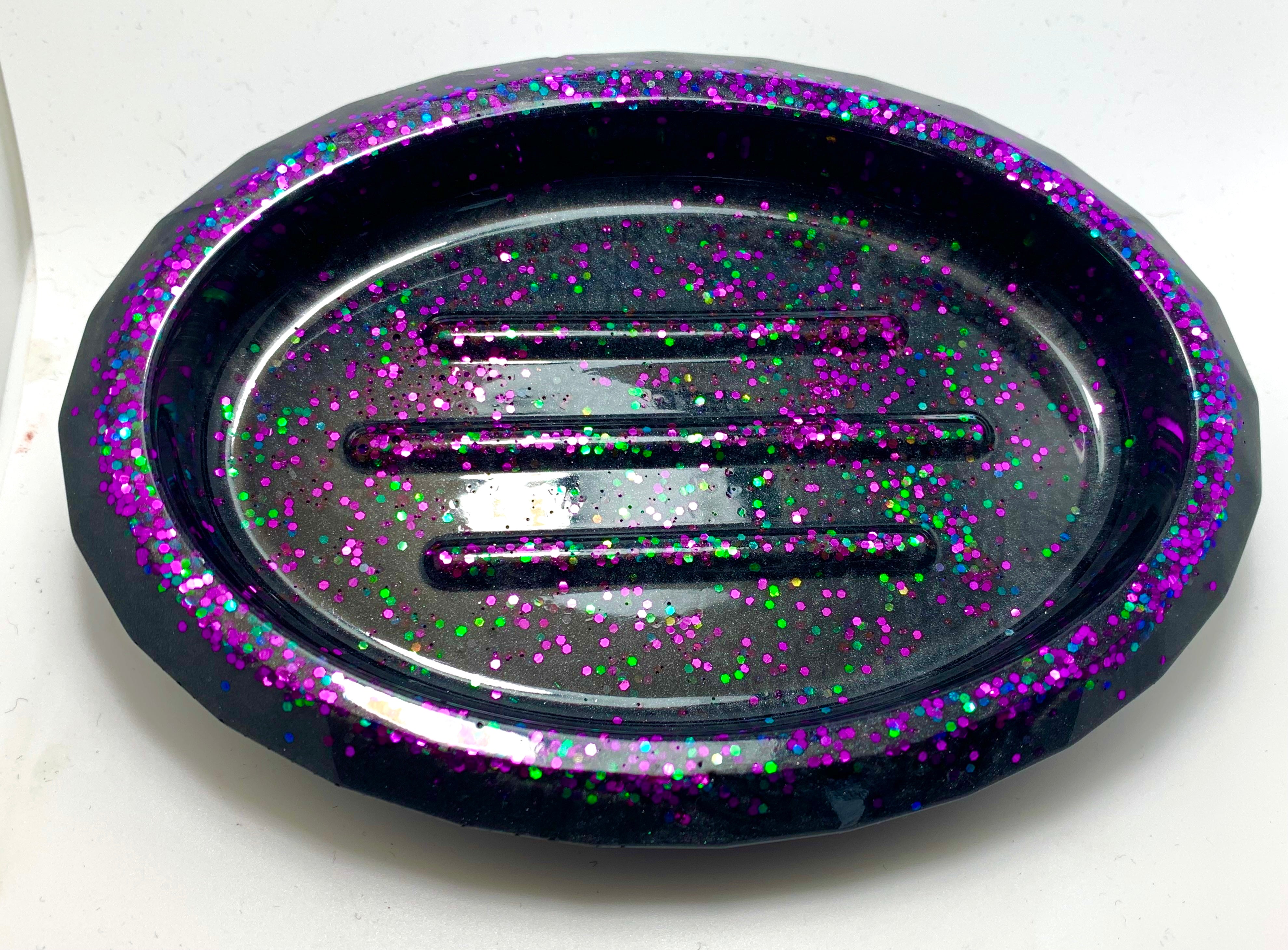 Soap dish - gothic -black with green and purple holographic glitter accents