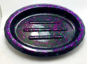Soap dish - gothic -black with green and purple holographic glitter accents